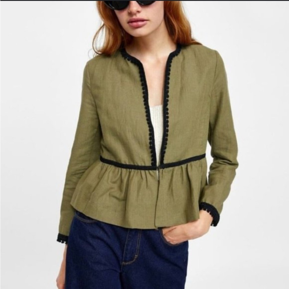 Zara LinenOlive Green Women's Jacket with Black Trim